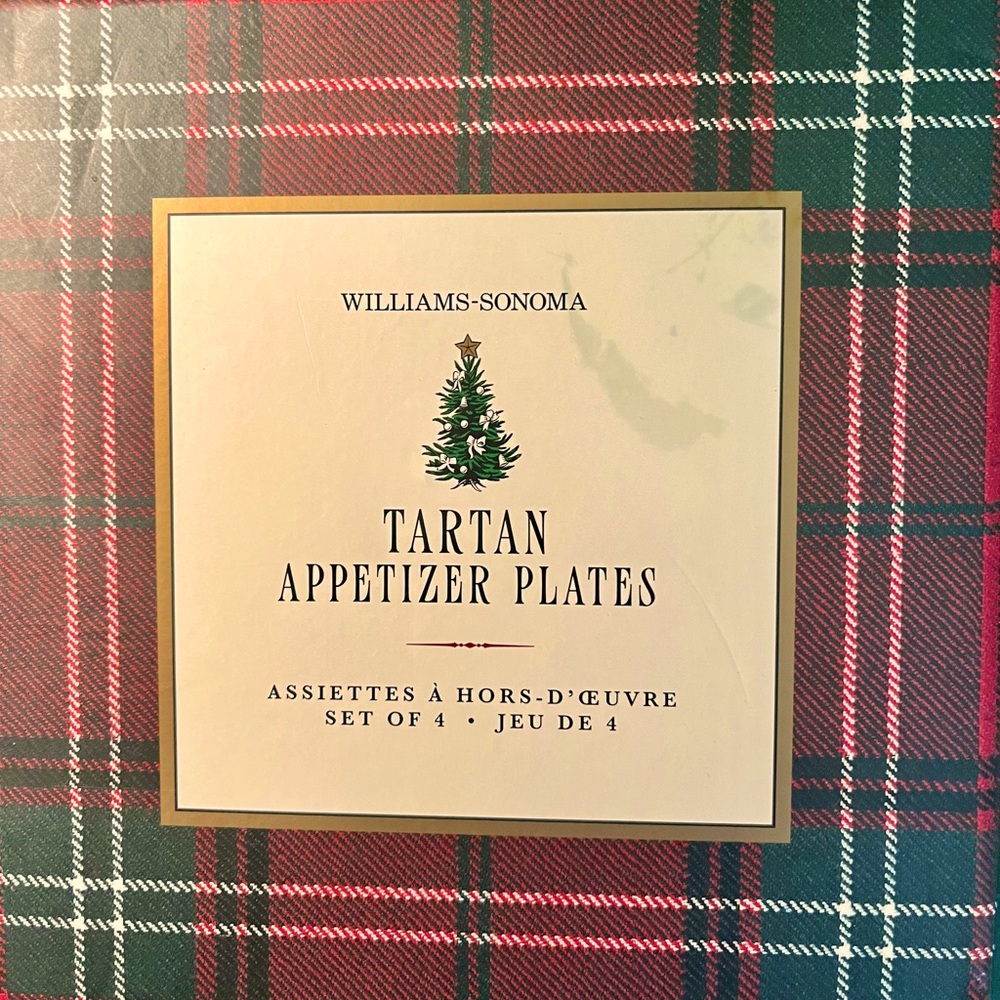 Williams Sonoma Tartan Appetizer plates: set of 4; Scotch-Irish mixed designs.